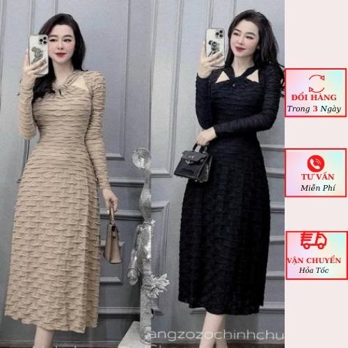 Váy nữ xốp nhăn xoắn ngực cổ yếm dáng dài suông maxi đi tiệc cưới sang chảnh ulzzang Hàn Quốc