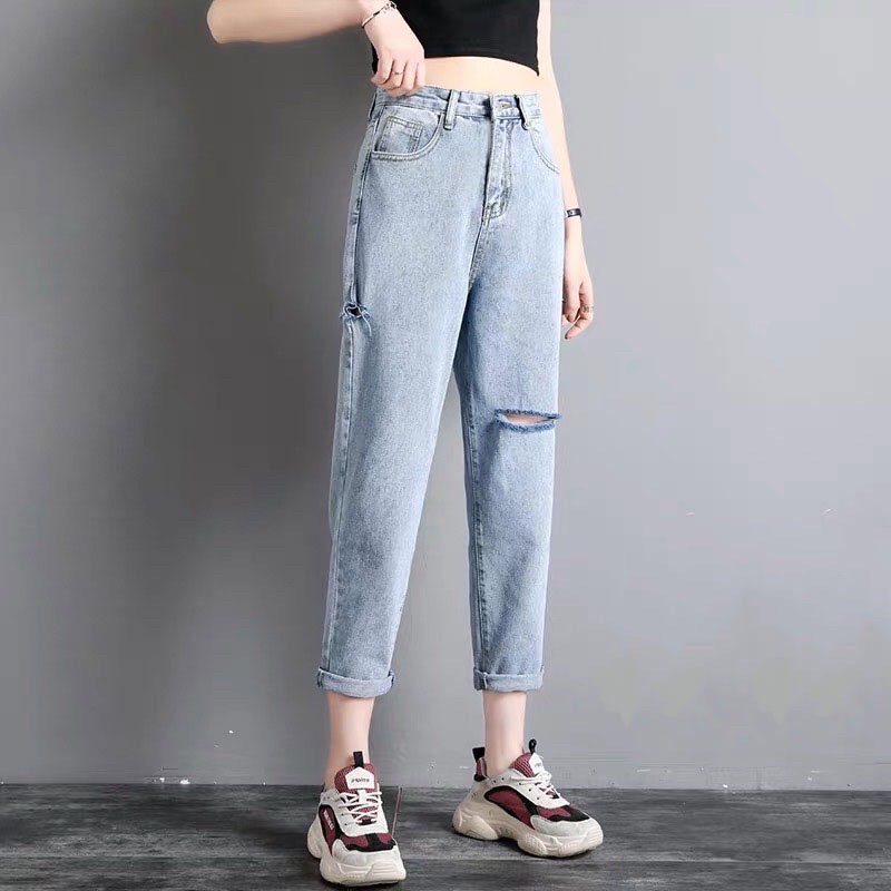 [Size 30-36] Quần Baggy Cotton Rách Sườn và Gối, Lưng Cao, Không Giãn