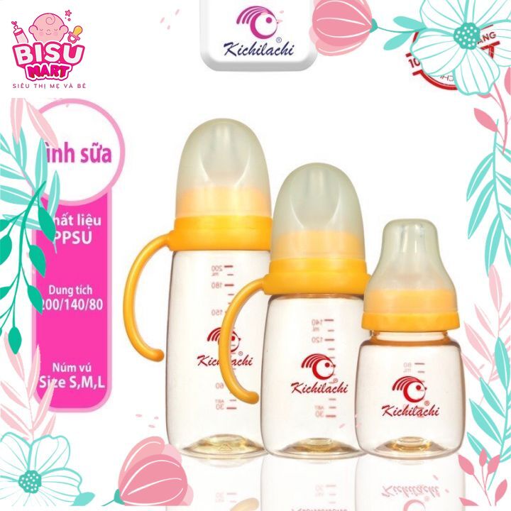 Bình sữa cổ hẹp PPSU cao cấp KICHI 140ml - 200ml (có tay cầm)