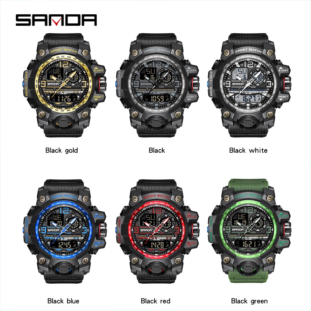 Đồng Hồ Thể Thao Sanda Chống Thấm Nước 5ATM Có Đèn LED Màu Xanh Lá Phong Cách Quân Đội Cho Nam 3133