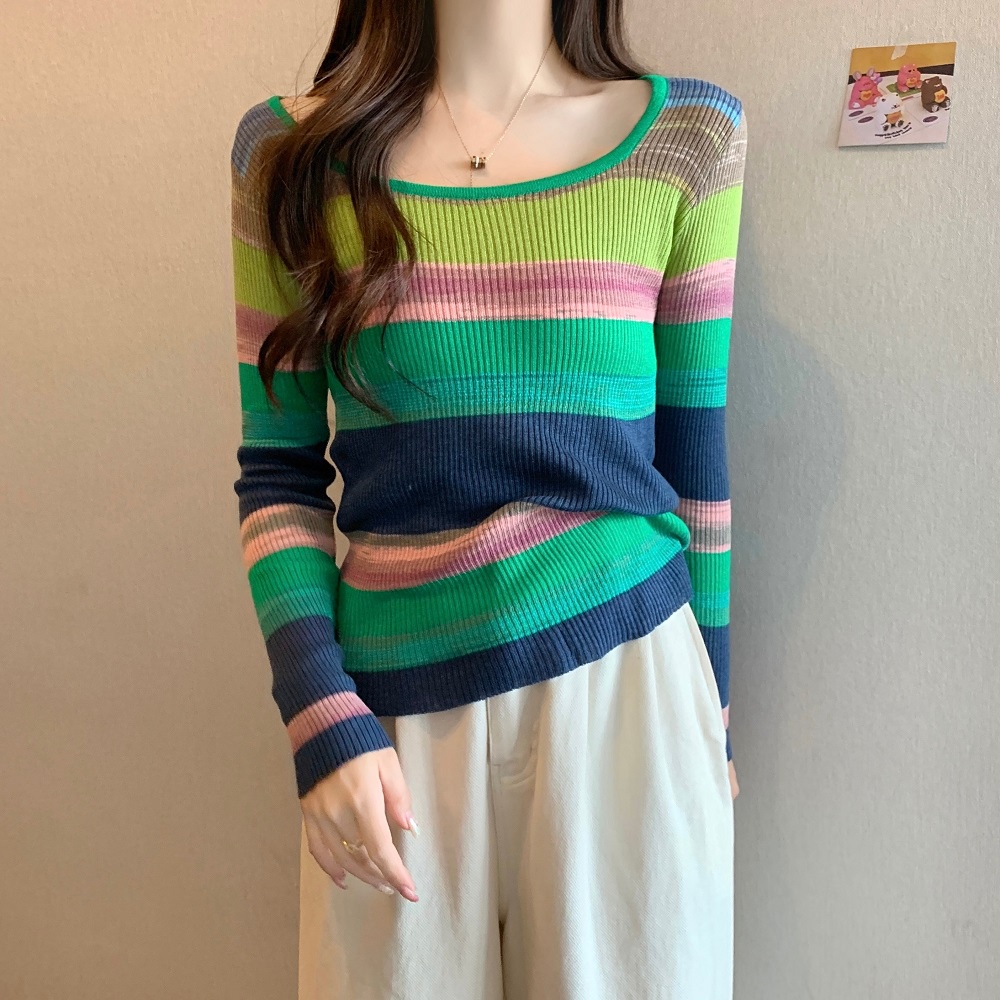 Áo dệt kim ZHELIHANGFEI tay dài dáng ôm họa tiết sọc màu cầu vồng dễ phối đồ thời trang