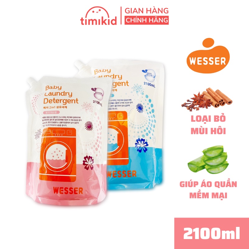 Nước Giặt Xả Quần Áo Sơ Sinh Wesser (2In1) Túi 2100Ml Làm Mềm Vải, Loại Mùi Hôi - Nước Giặt Quần Áo Trẻ Em - Timikid