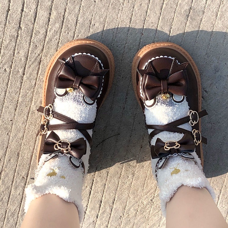 Giày Da Mũi Tròn Màu Đỏ Rượu Vang Phong Cách lolita Nhật Bản Dễ Phối Đồ Cho Nữ