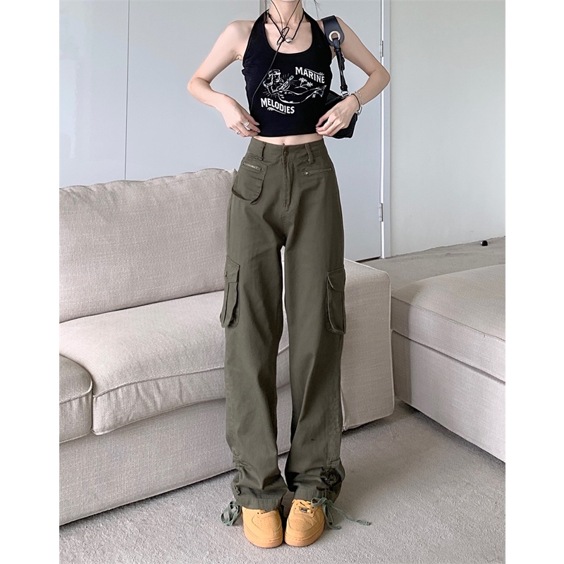 Quần Jean Ống Rộng Lưng Cao Phối Nhiều Túi Phong Cách Retro Mỹ