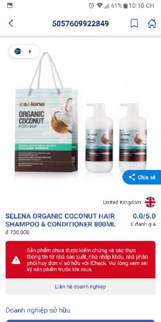 Dầu gội xả Organic Coconut tinh chất sữa Dừa tươi nuôi dưỡng cấu trúc tóc