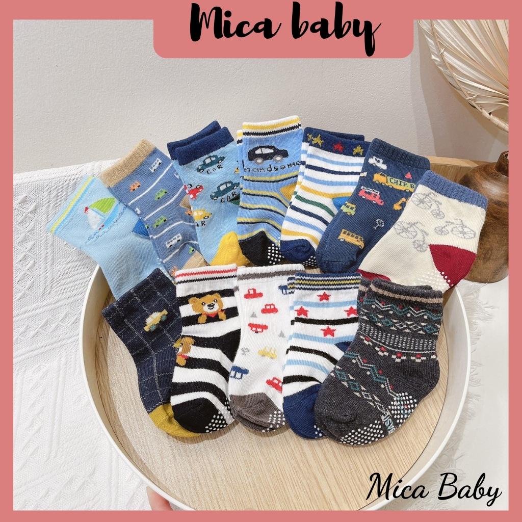 Set tất 12 đôi chống trơn trượt nhiều màu hình gấu, ô tô đáng yêu cho bé Mica baby T17