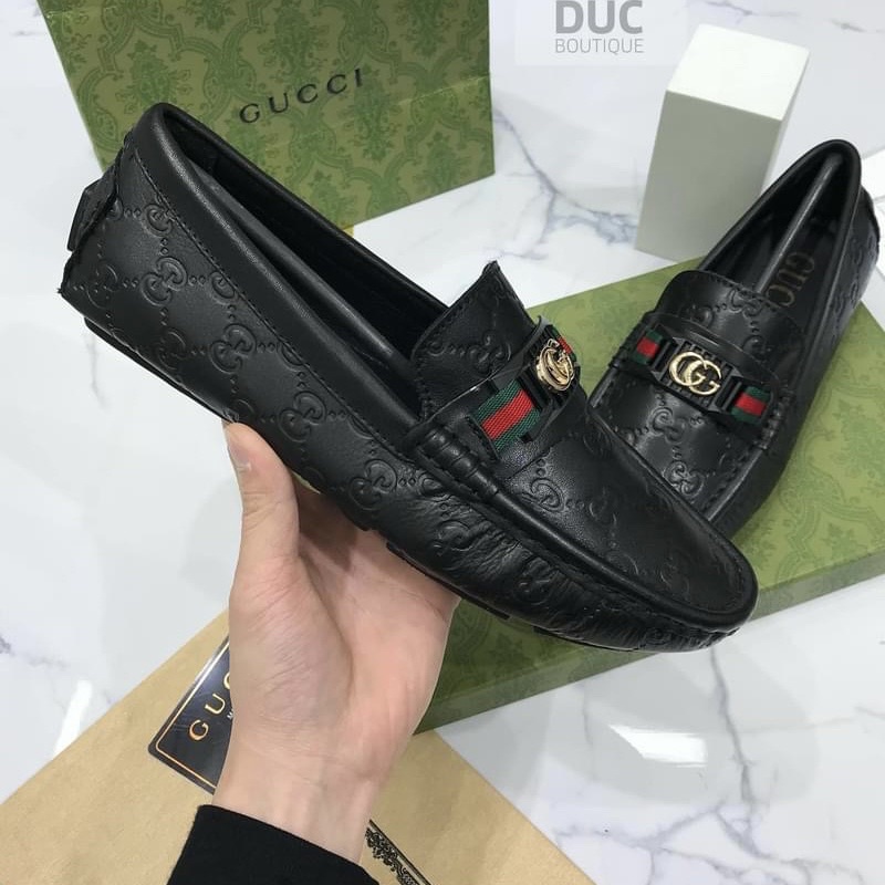 Giầy lười mọi khâu xanh đỏ da sần có logo mới đen kèm video