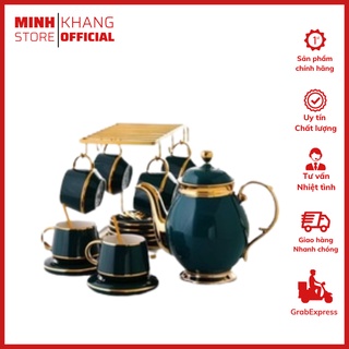 (CÓ SẴN) Bộ Ấm Chén Sứ Xanh Cổ Vịt Viền Vàng Kèm Khay Trà Cao Cấp.