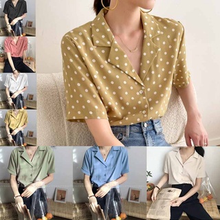 Áo sơ mi CCVN cho nữ ngắn tay cổ chữ V chấm bi thời trang