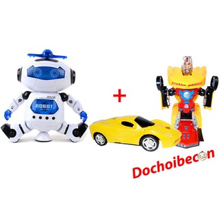 Combo Robot xoay 360 độ + Xe robot biến hình: Dùng pin, có đèn, nhạc
