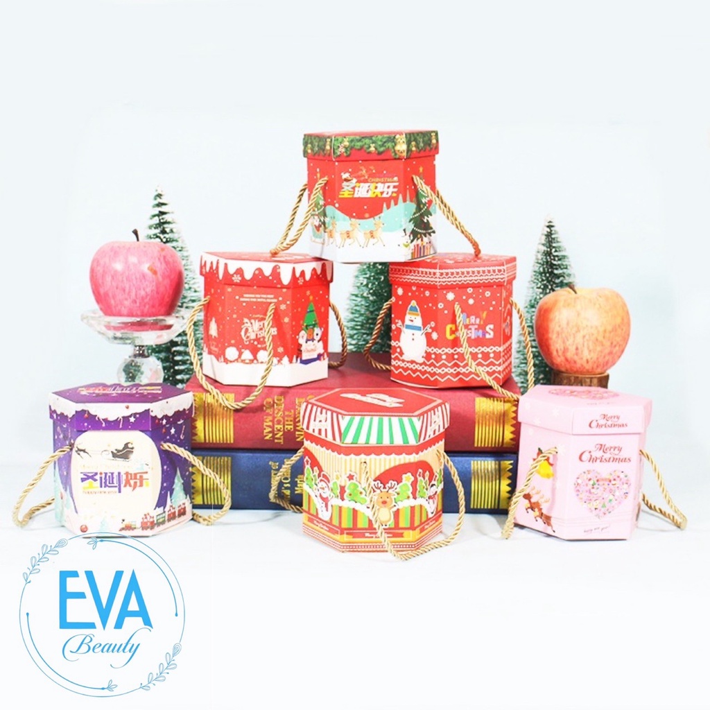 Set 10 Hộp Đựng Quà Noel In Hoạ Tiết Giáng Sinh Dáng Lục Giác Có Dây Xách Nhiều Mẫu M3526