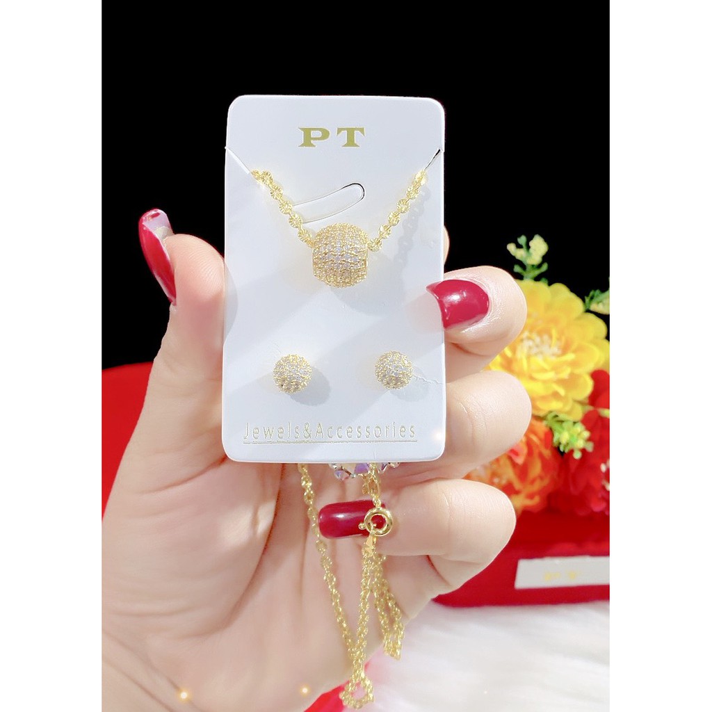 Combo dây chuyền bông tai trái châu mạ 18k cao cấp P65