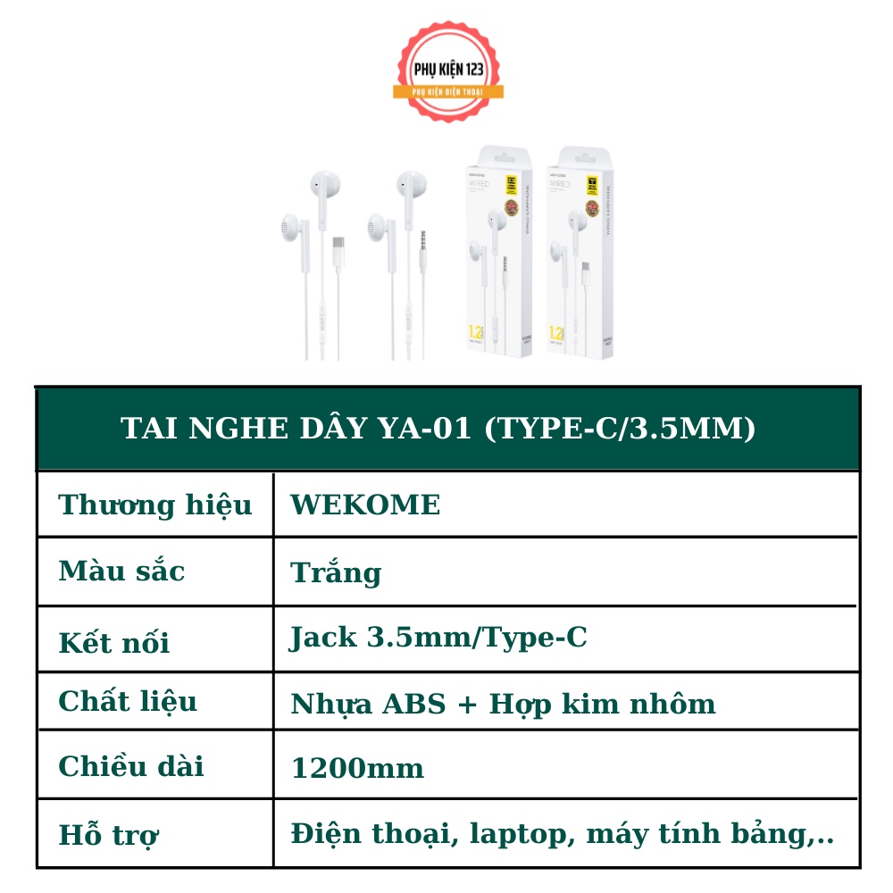 Tai nghe có dây Wekome YA-01 kiểu dáng earbud tích hợp đàm thoại, micro, âm thanh