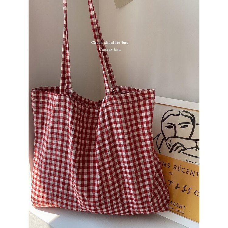 Túi Xách Vải cotton Lanh Phối Ren Kẻ Sọc Caro Phong Cách retro Hàn Quốc Cho Nữ