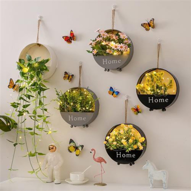 Giỏ hoa Home sắt SG.DECOR kèm đèn led trang trí tường Decor phòng khách xinh xắn