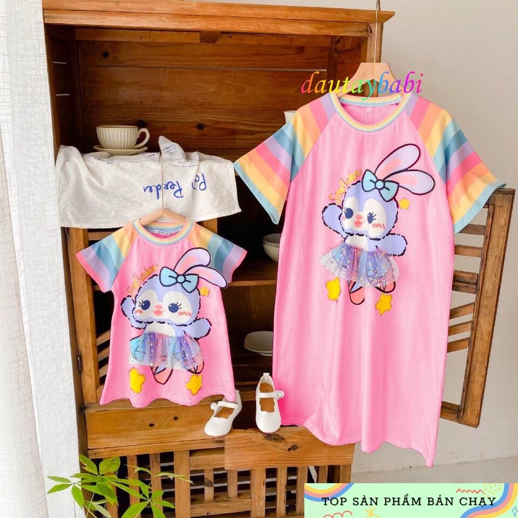 Váy đầm bé gái dáng suông đính họa tiết in thỏ chất cotton mềm mịn mùa hè  cho bé 10-40kg