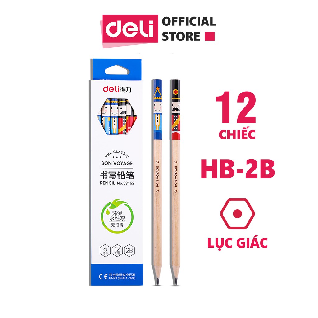 Hộp 12 bút chì gỗ 2B Deli họa tiết chú lính chì hai màu phù hợp với học sinh ngòi chì mềm dễ gọt gỗ tự nhiên 58151