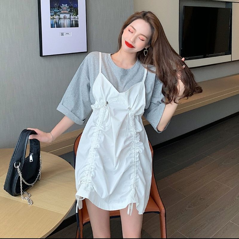 Váy yếm liền phối áo phông rút dây hai bên phong cách Hàn Quốc ,Bộ váy yếm dễ thương Mi clothing