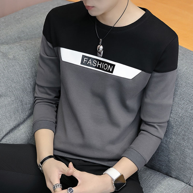 Men's long-sleeved thin round neck t-shirt male Korean style sweater top student trend wide bottom t-shirt