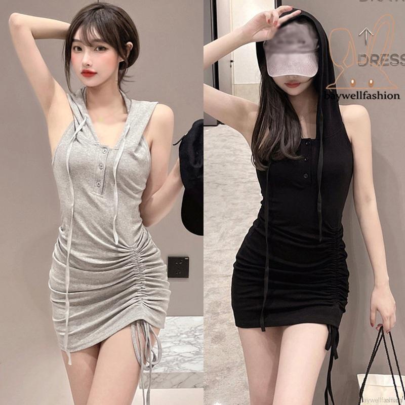 Dress Women's Sexy Hooded Drawstring Sleeveless Bodycon