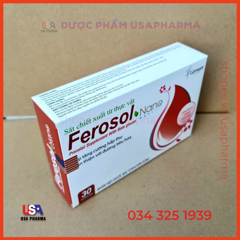Viên bổ sung sắt FEROSOL NANO giúp tăng cường hấp thụ, thân thiện với đường tiêu hóa - Hộp 30 viên