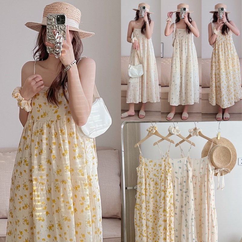[Ảnh thật/Video]Váy hai dây hoa vàng yellow  hoạ tiết hoa lá Đầm hai dây lụa buộc vai  hoa vintage