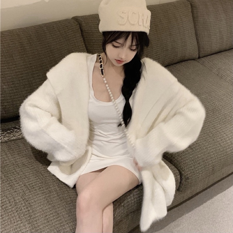 Áo khoác len dệt kim cardigan trắng lông mềm | BigBuy360 - bigbuy360.vn