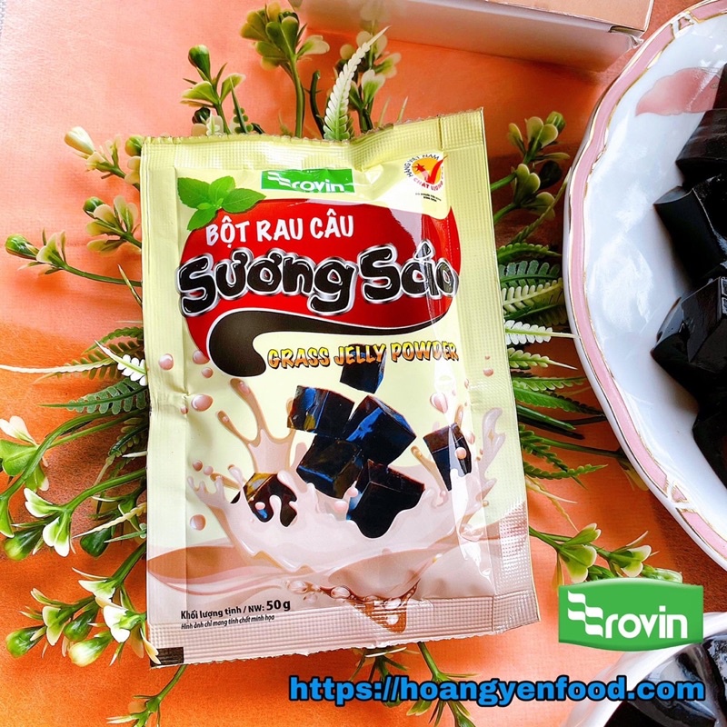 1 gói Sương Sáo Đen Rovin 50g (Keto/ Das) làm thạch đen topping kèm với sữa hoặc trà sữa thái