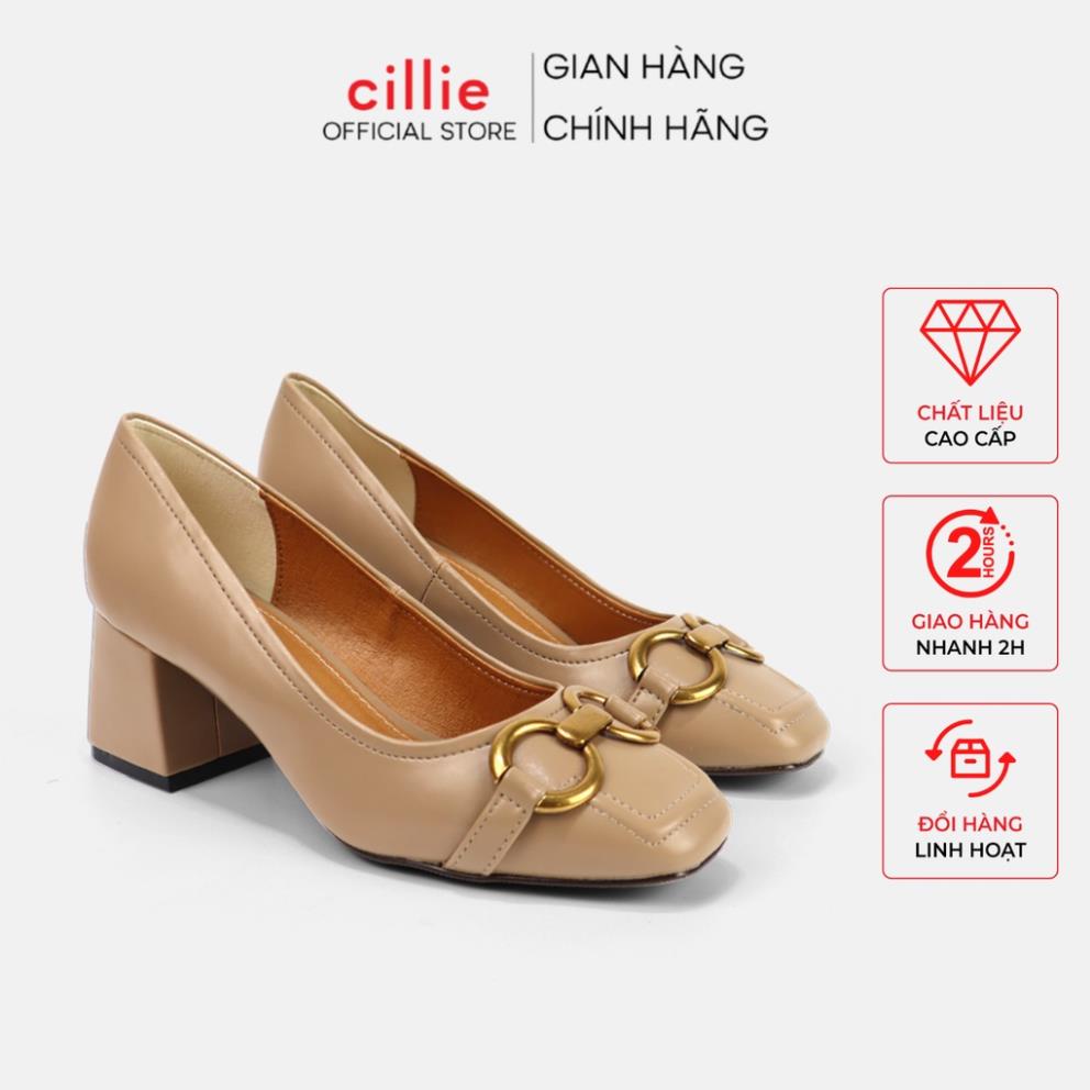 Giày cao gót nữ mũi vuông đính khoá sang trọng gót trụ 5cm đi làm công sở đi chơi Cillie 1119 KX