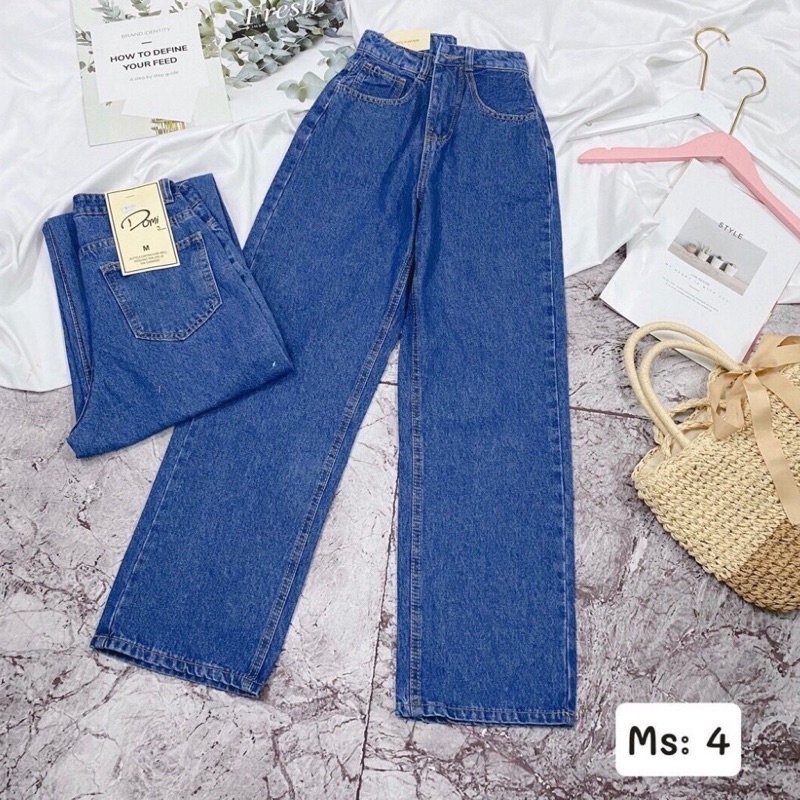 Quần jeans ống rộng xanh đậm cạp cao hack eo cực thon kéo chân siêu đỉnh
