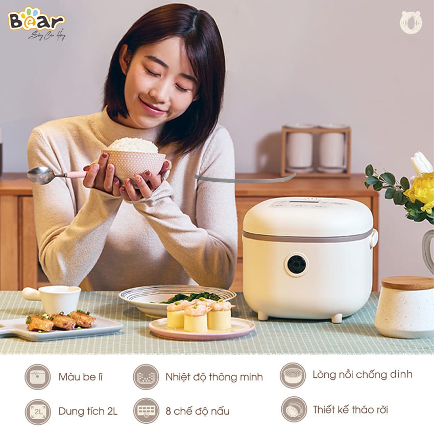 Nồi cơm điện mini Bear DFB-B20A1 dung tích 2L công suất 350W, 8 chế độ nấu thông minh giữ ấm 24h - KitchenMart | BigBuy360 - bigbuy360.vn
