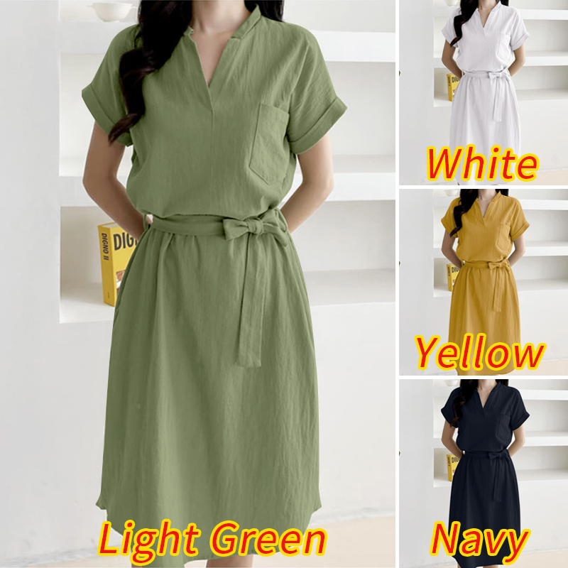 Đầm Cổ Chữ V ZANZEA Tay Ngắn Màu Trơn Thường Ngày Cho Nữ | BigBuy360 - bigbuy360.vn