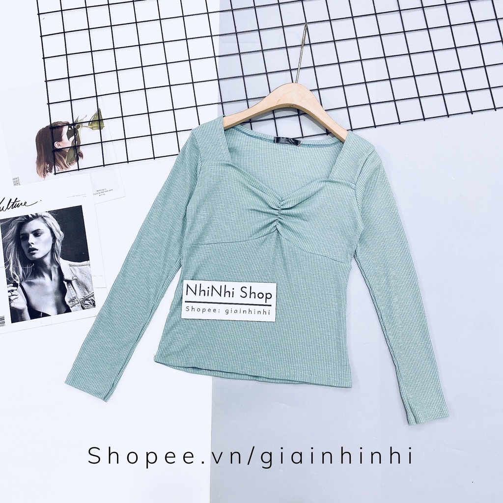 Áo kiểu thun tăm cổ vuông rúm dáng ôm tôn dáng sexxy co giãn AK6538 - NhiNhi Shop