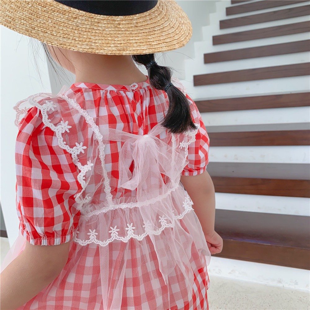 Váy kẻ đỏ kèm voan cho bé gái (Ảnh thật)