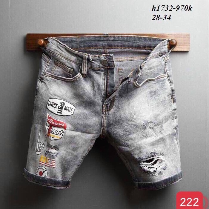 Quần short jean nam màu xám thêu logo chất bò - quần lửng bò nam co giãn thời trang cao cấp Pn_shop90 ms207