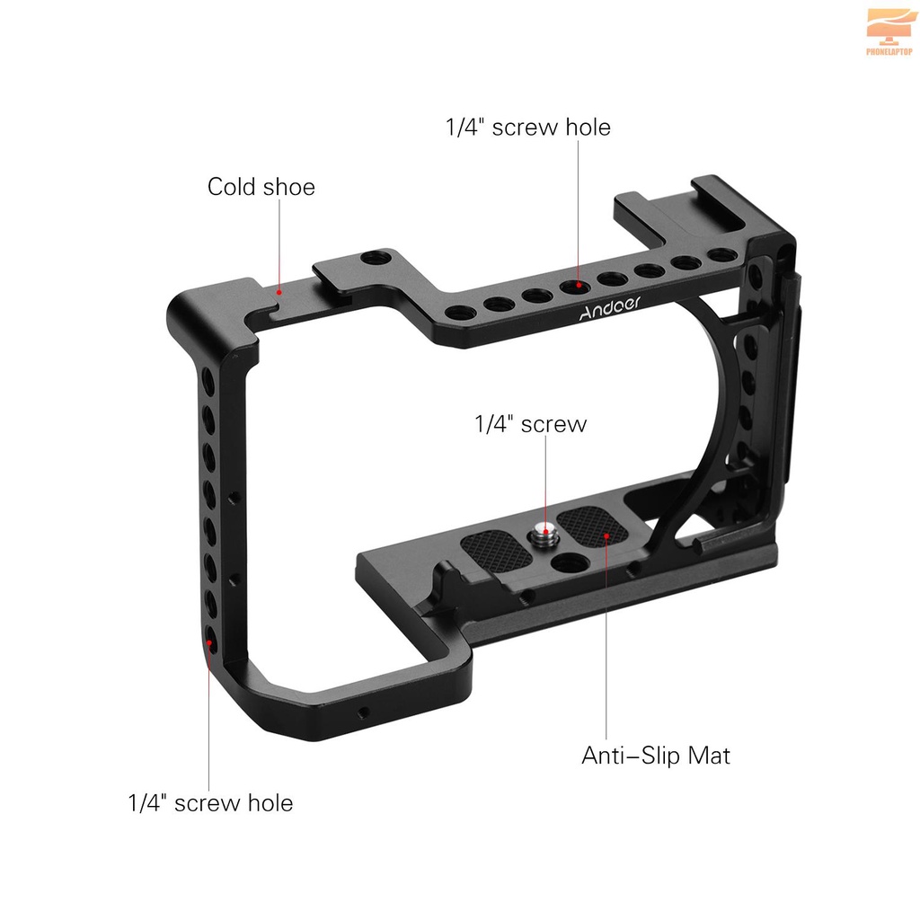 Andoer Professional Photography Camera Cage Kit Aluminum Alloy Camera Case Bracket with 1/4" 3/8" Extension Thread Holes and Cold Shoes Mini Wrench Compatible with Sony A6600,A6500,A6400,A6300,A6000