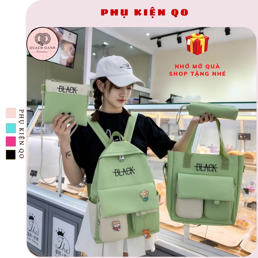 [Mã SKAMCLU8 giảm 10% cho đơn từ 100K] Balo nữ cặp sách nữ set 4 món , set balo 4 món hoạ tiết BLACK - BALO06