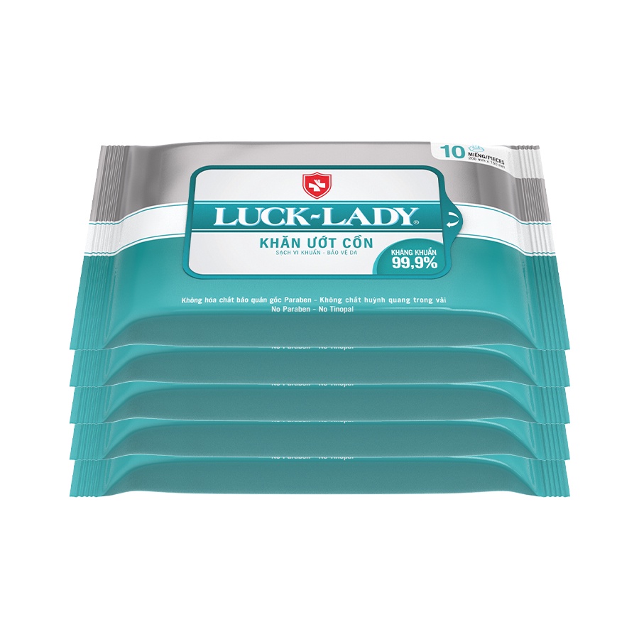 Khăn ướt cồn kháng khuẩn Luck Lady 10 tờ/gói - Combo 5 gói