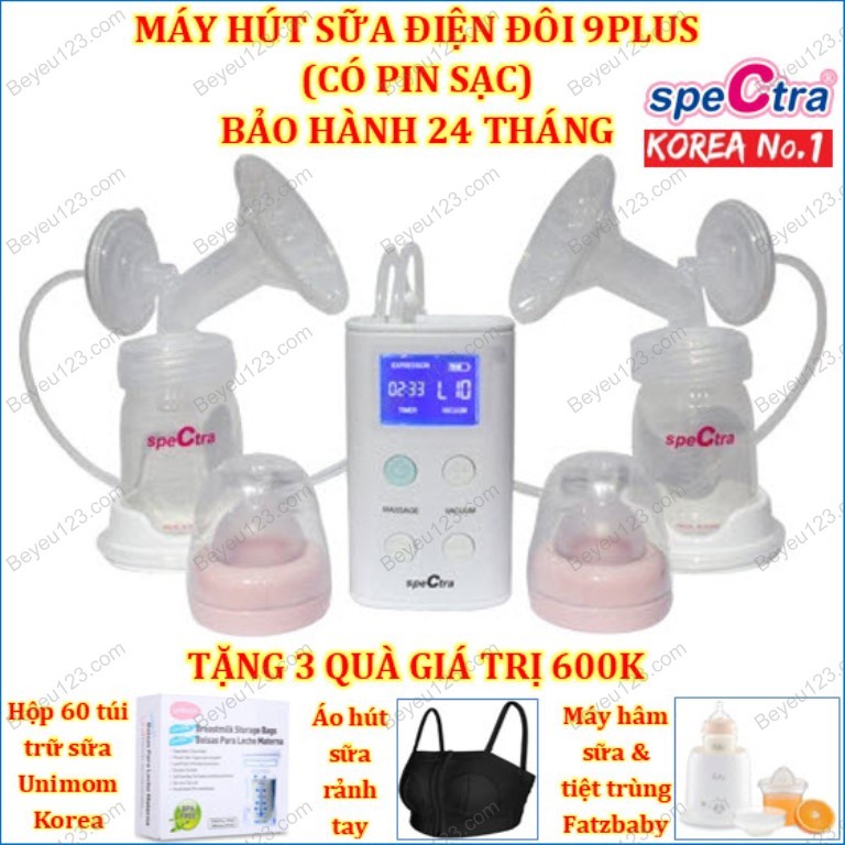 Máy hút sữa điện đôi cao cấp màn hình LCD SPECTRA 9PLUS 9 PLUS (TẶNG 3 MÓN: FB3002SL, HỘP 60 TÚI TRỮ SỮA, ÁO HÚT SỮA)