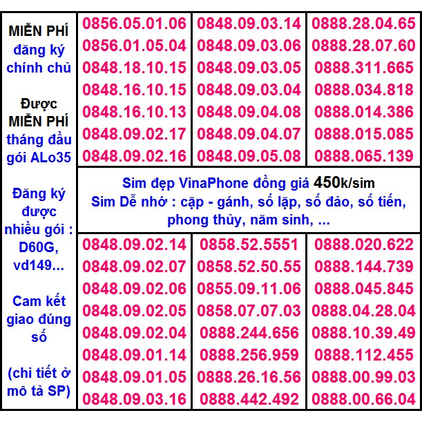 Sim Vina số đẹp 450k Hỗ Trợ ĐK chính chủ Miễn phí gói ALO35 tháng đầu, ĐK được gói VD149-D60G...(xem chi tiết SP)