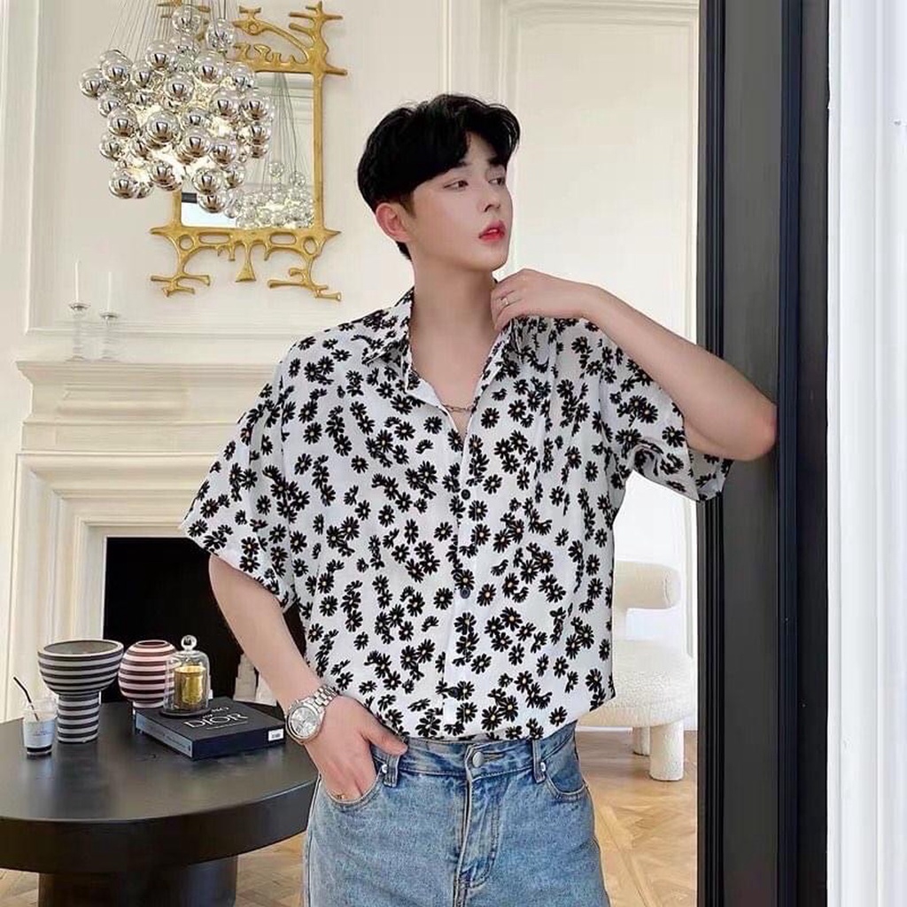 Áo sơ mi Hawaii Nam Nữ Hoa Cúc Nhí trắng/đen fullsize 45-85kg