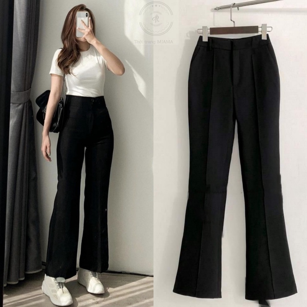 Quần ống loe cạp cao tôn dáng dài màu đen nâu chất vải tuyết mưa mềm Quần tây ống loe lưng cao hack dáng đi học công sở