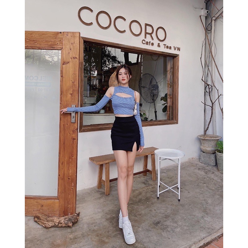 Áo Croptop Khoét Vai Tay Dài  Thun Gân Xịn