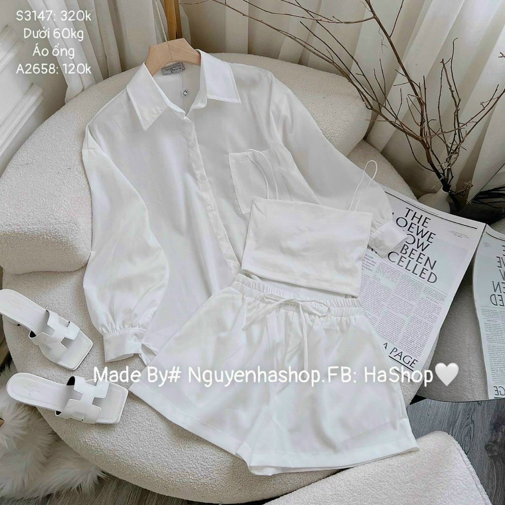 [10.10 Sale Freeship] Set bộ sơ mi đũi 3 món, set đùi sơ mi tay dài kèm áo trong đi chơi đi biển xinh xắn