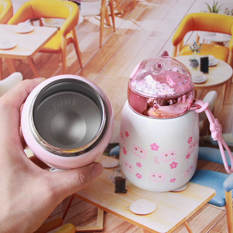 Bình giữ nhiệt thú cưng heo gấu hồng dễ thương nắp lấp lánh inox304 dung tích 330ml
