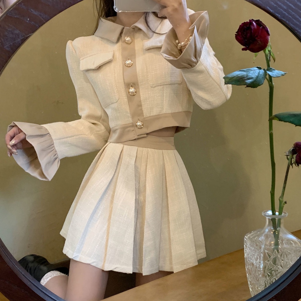Bộ Áo Tay Loe + Chân Váy Xếp Ly Thời Trang Mùa Thu Cho Nữ 2021