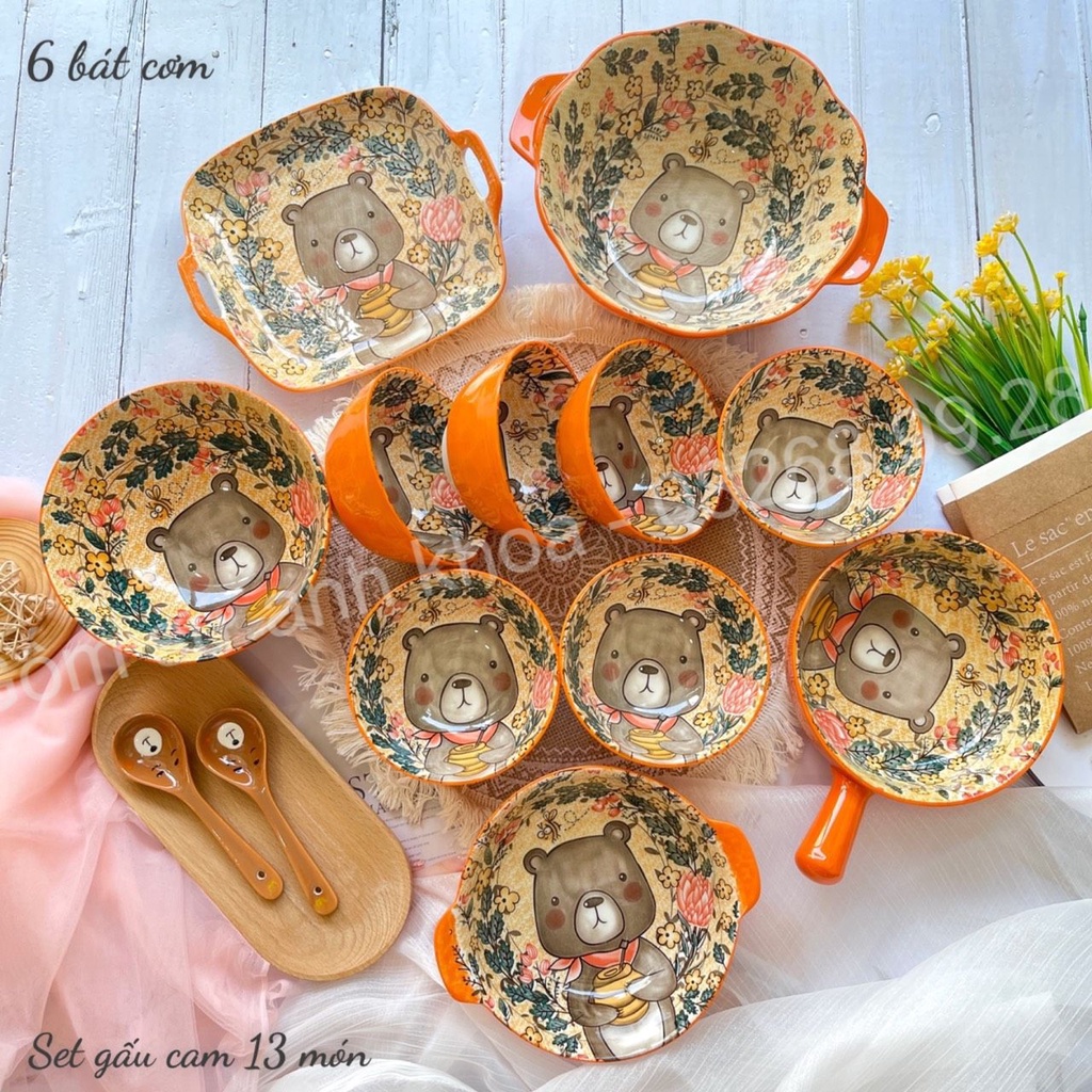 Bộ bát đĩa sứ,Chén Dĩa Sứ Bát Ăn Cơm Decor Bộ bát đĩa gấu cam xinh yêu 13 món cho gia đình.