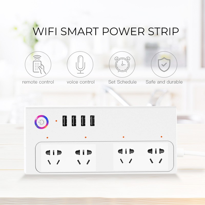 Ổ cắm nối dài thông minh Wifi Tuya - tắt bật 4 ổ độc lập, hỗ trợ Google và Alexa