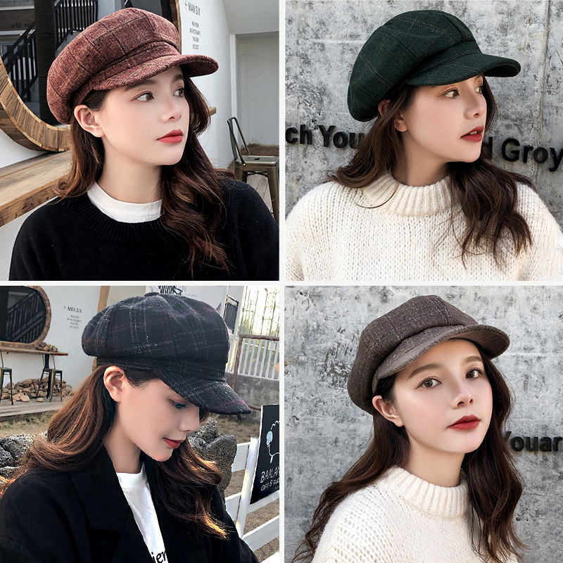 Mũ Beret Họa Tiết Sọc Caro Phong Cách Hàn Quốc Thời Trang Thu Đông Cho Cặp Đôi