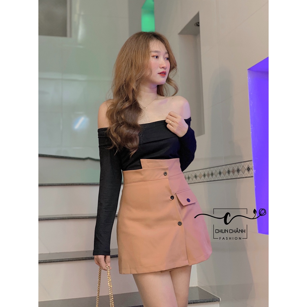 Set áo trễ vai tay dài + chân váy nút